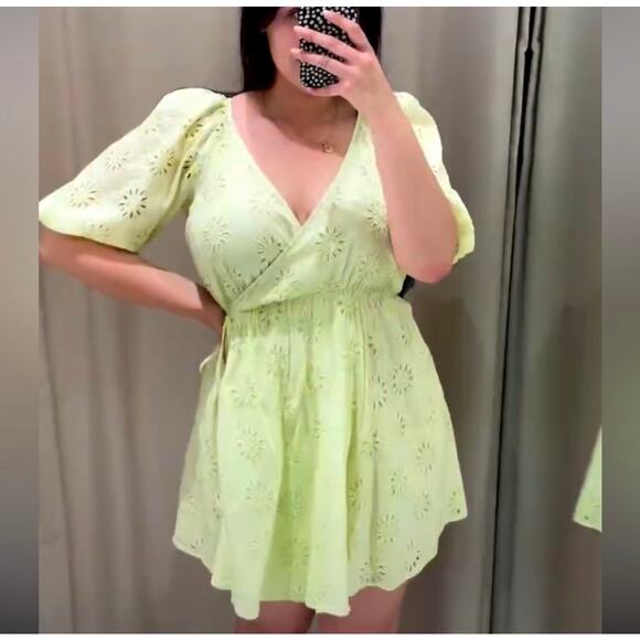 ZARA OPENWORK EMBROIDERED DRESS LIGHT YELLOW - Picture 3 of 12